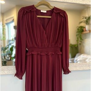 Bohme Pleated Ruffle Long Sleeve Burgundy / Maroon Dress Stretch Waistline Small